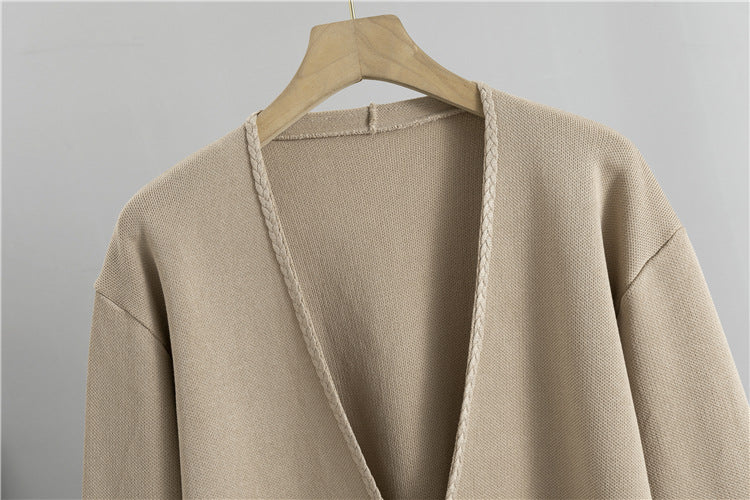 Patch Pocket Knit Cardigan And Pencil Skirt Set - Tan - 5