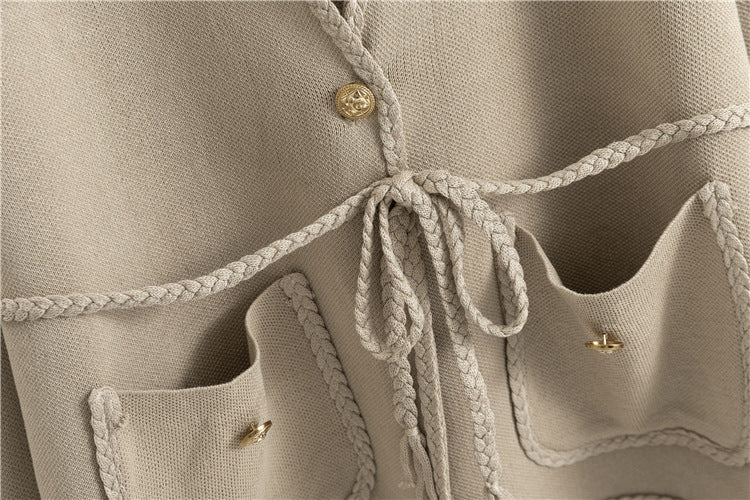 Patch Pocket Knit Cardigan And Pencil Skirt Set - Tan - 6