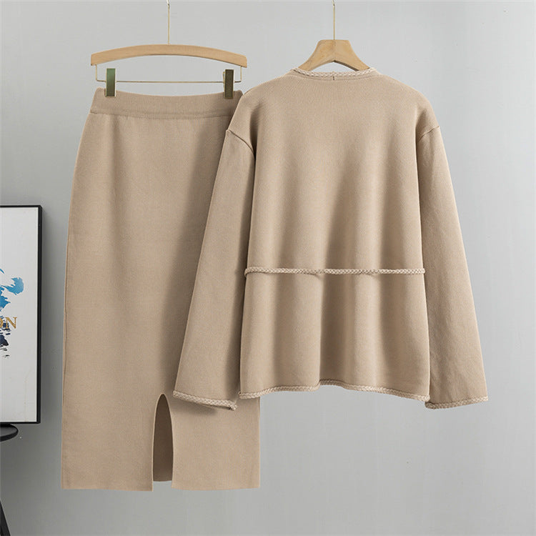 Patch Pocket Knit Cardigan And Pencil Skirt Set - Tan - 7