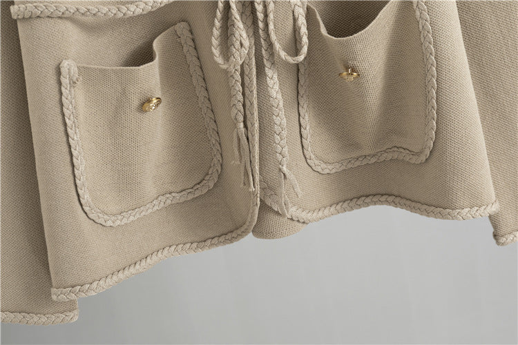 Patch Pocket Knit Cardigan And Pencil Skirt Set - Tan - 8