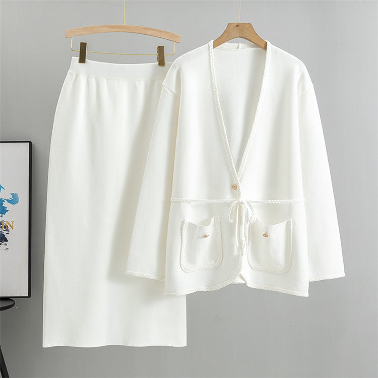Patch Pocket Knit Cardigan And Pencil Skirt Set - White