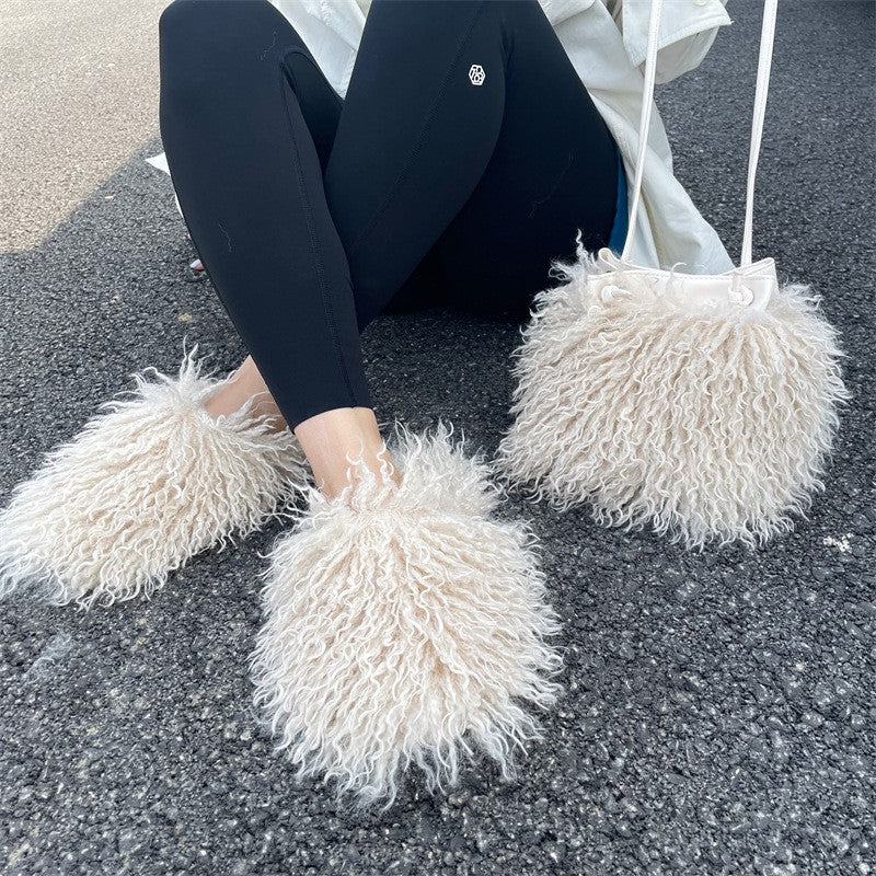 Shaggy Faux Fur Slippers and Bucket Bag Set - Beige