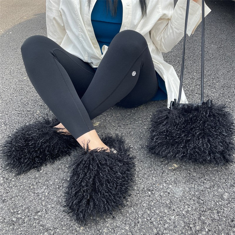 Shaggy Faux Fur Slippers and Bucket Bag Set - Black