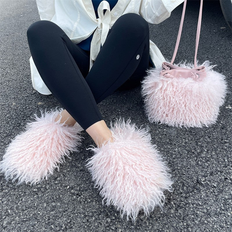 Shaggy Faux Fur Slippers and Bucket Bag Set - Blush Pink