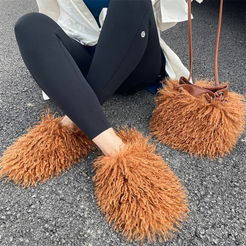 Shaggy Faux Fur Slippers and Bucket Bag Set - Coffee