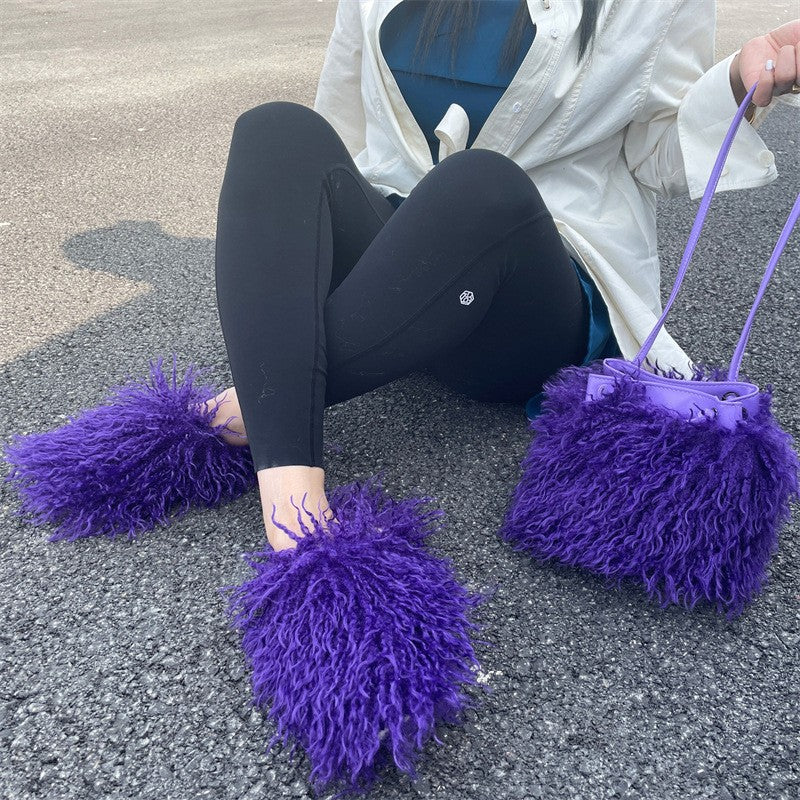 Shaggy Faux Fur Slippers and Bucket Bag Set - Deep Purple