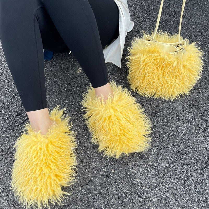 Shaggy Faux Fur Slippers and Bucket Bag Set - Golden Yellow