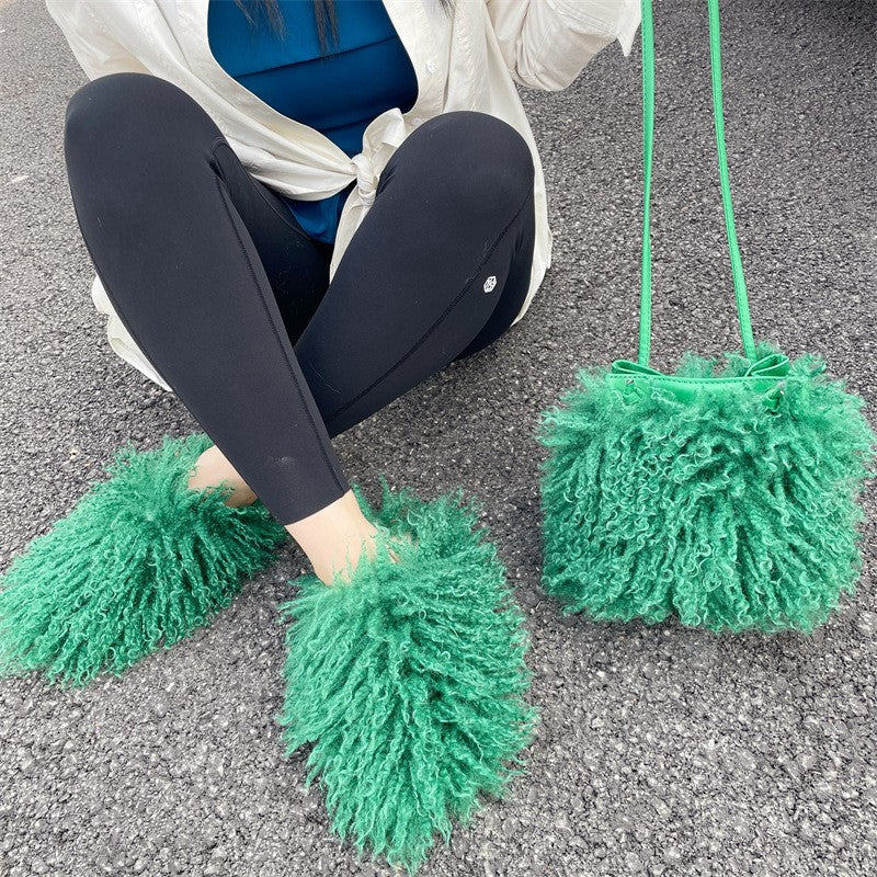 Shaggy Faux Fur Slippers and Bucket Bag Set - Green