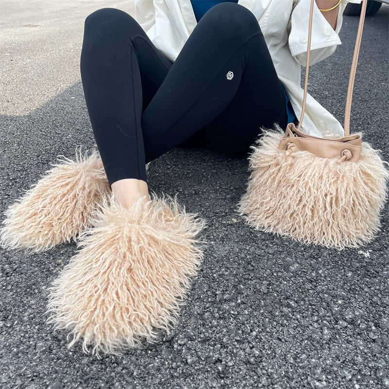 Shaggy Faux Fur Slippers and Bucket Bag Set - Latte