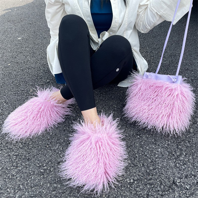 Shaggy Faux Fur Slippers and Bucket Bag Set - Lilac