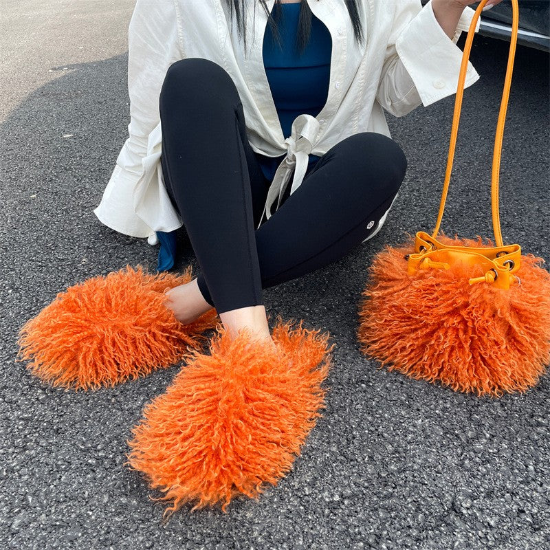 Shaggy Faux Fur Slippers and Bucket Bag Set - Orange