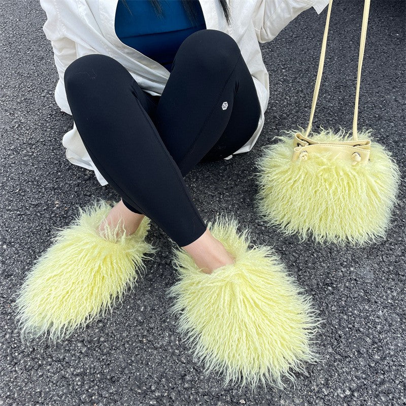 Shaggy Faux Fur Slippers and Bucket Bag Set - Pale Yellow