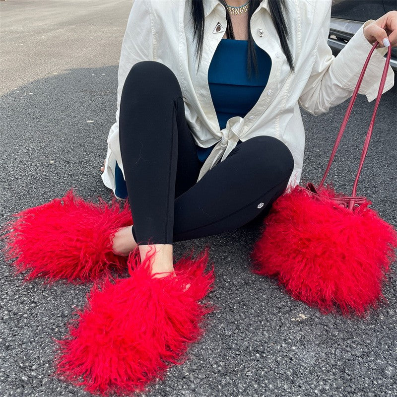 Shaggy Faux Fur Slippers and Bucket Bag Set - Red