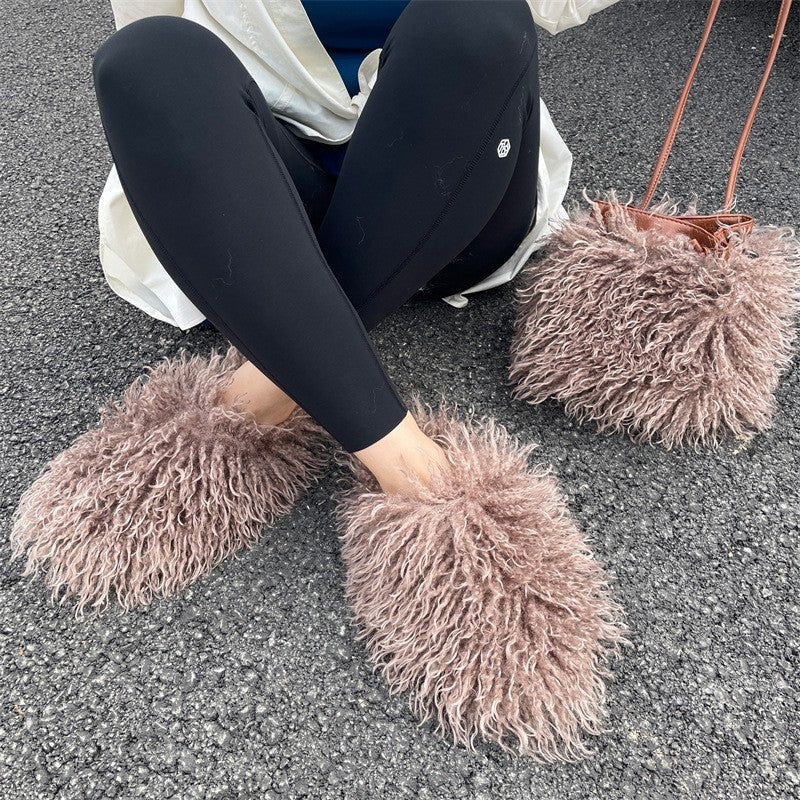 Shaggy Faux Fur Slippers and Bucket Bag Set - Taupe