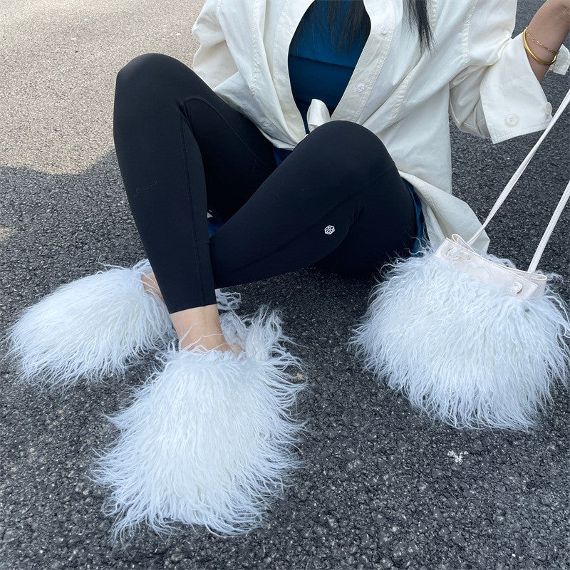 Shaggy Faux Fur Slippers and Bucket Bag Set - White