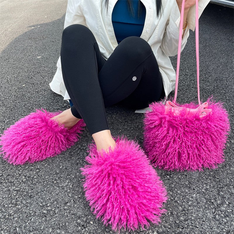 Shaggy Faux Fur Slippers and Bucket Bag Set