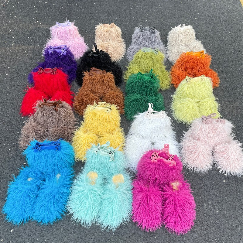 Shaggy Faux Fur Slippers and Bucket Bag Set