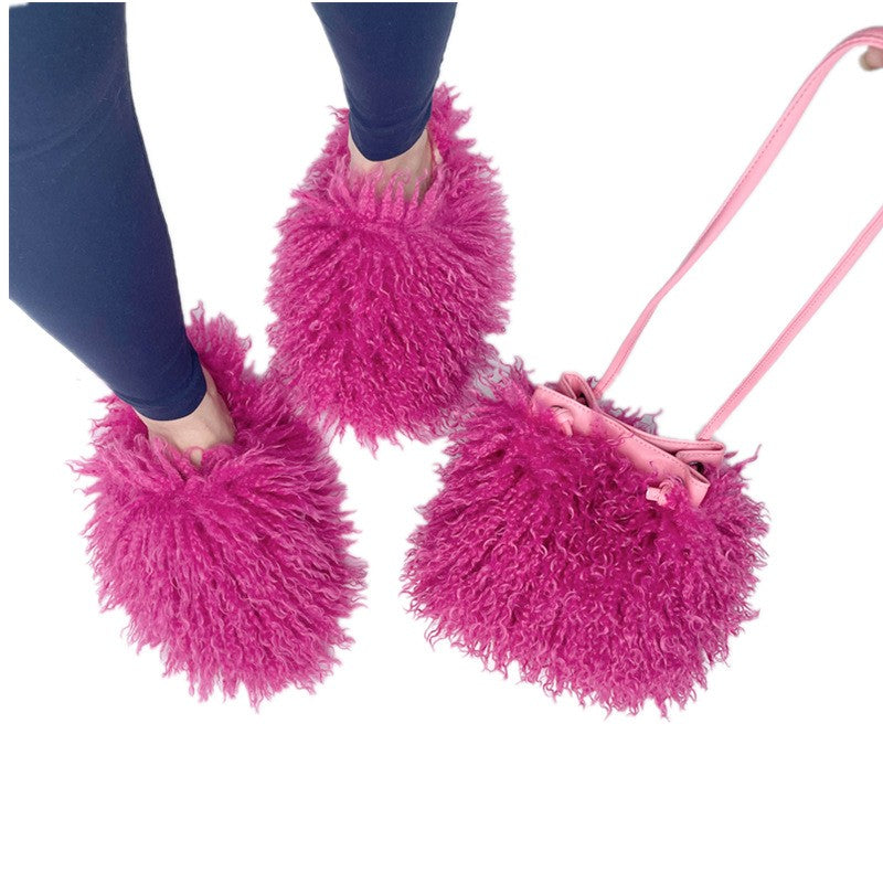 Shaggy Faux Fur Slippers and Bucket Bag Set