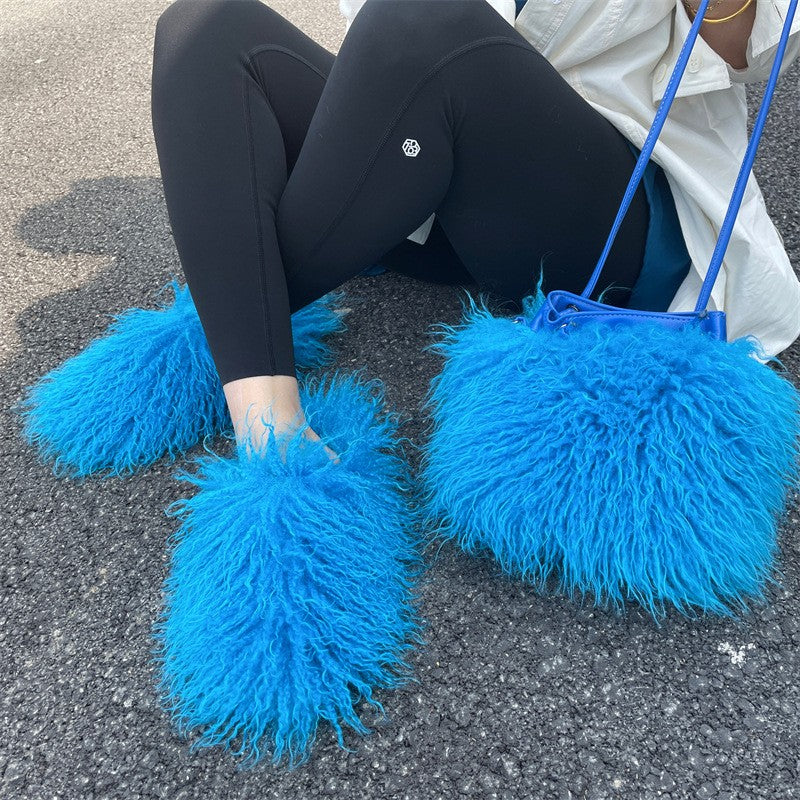 Shaggy Faux Fur Slippers and Bucket Bag Set