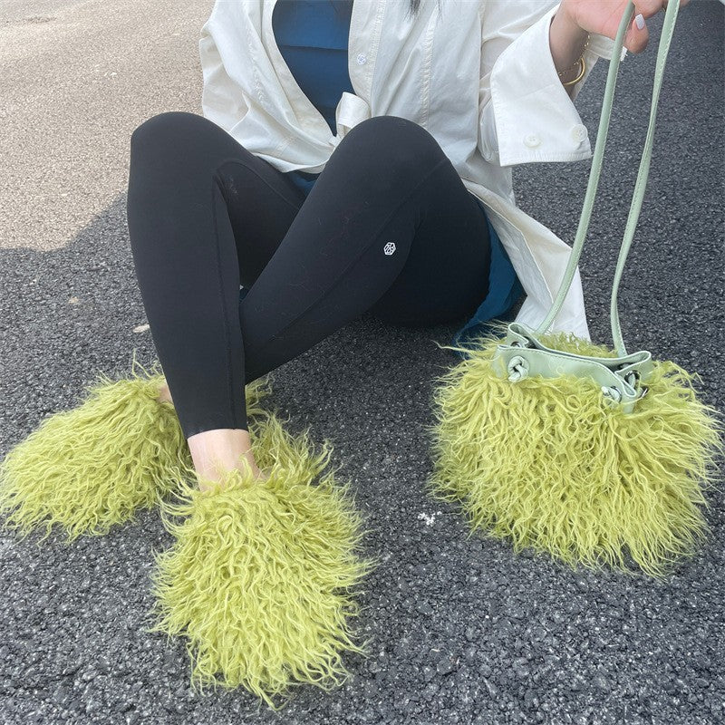 Shaggy Faux Fur Slippers and Bucket Bag Set