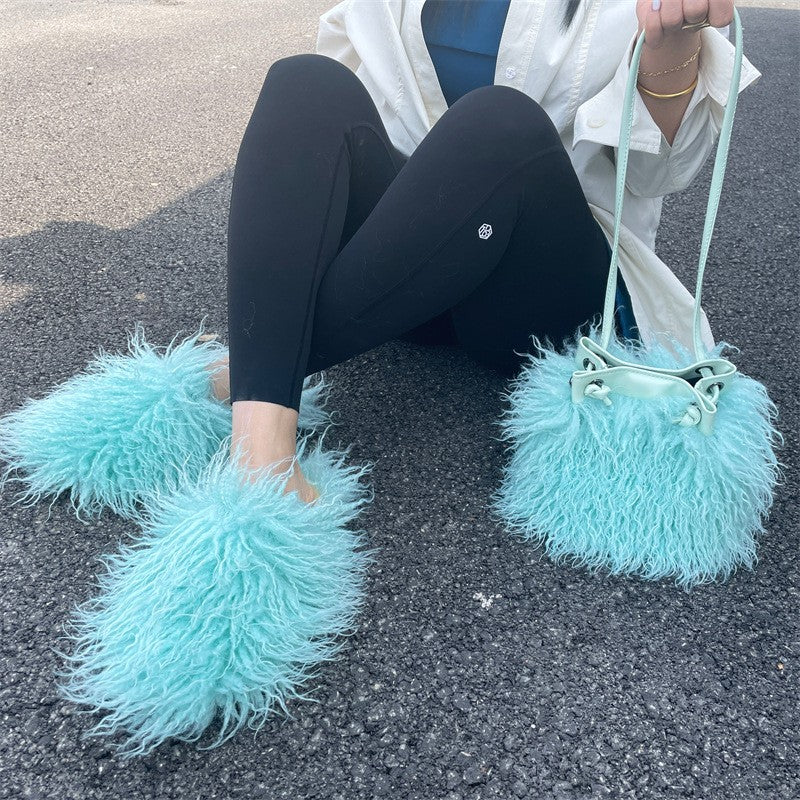 Shaggy Faux Fur Slippers and Bucket Bag Set