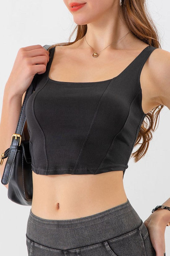 Princess Seam Stretch Denim Crop Tank - Black - 1