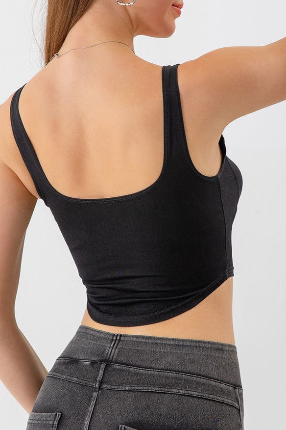 Princess Seam Stretch Denim Crop Tank - Black - 2
