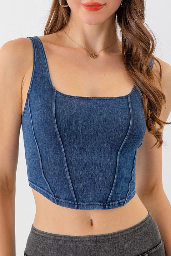 Princess Seam Stretch Denim Crop Tank - Dark Blue - 1