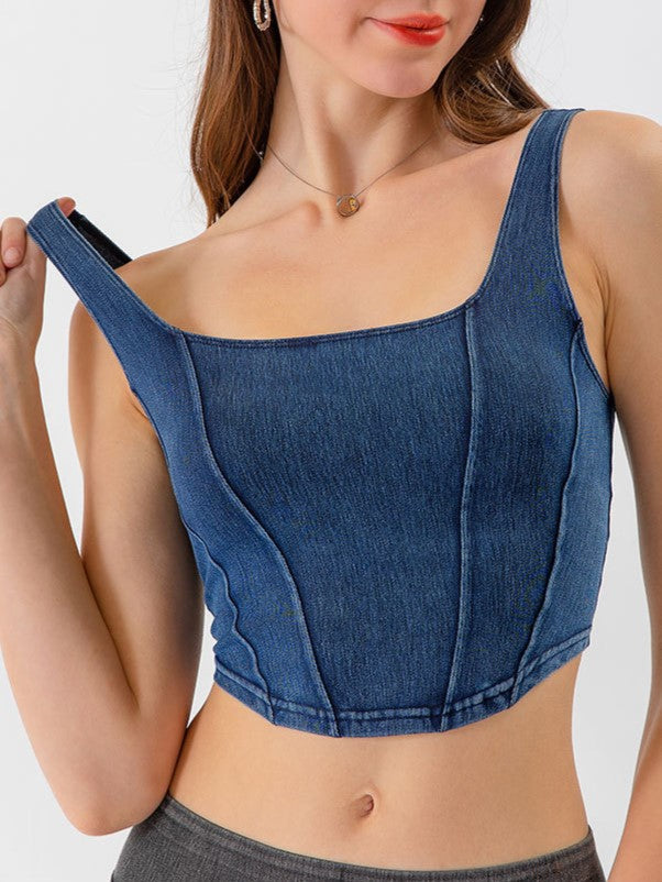 Princess Seam Stretch Denim Crop Tank - Dark Blue - 2