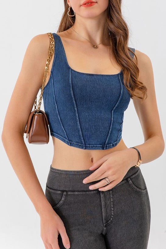 Princess Seam Stretch Denim Crop Tank - Dark Blue - 3