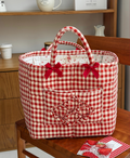 Gingham Quilted Basket Tote With Bows - Red