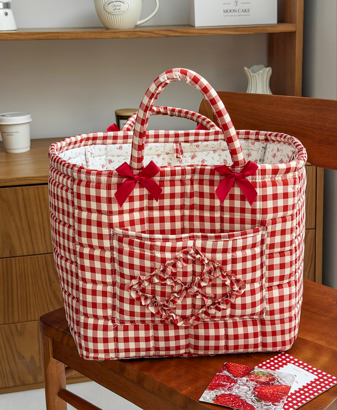 Gingham Quilted Basket Tote With Bows - Red