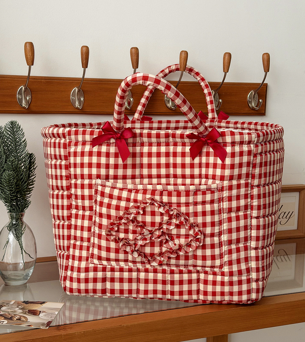 Gingham Quilted Basket Tote With Bows - Red - 1