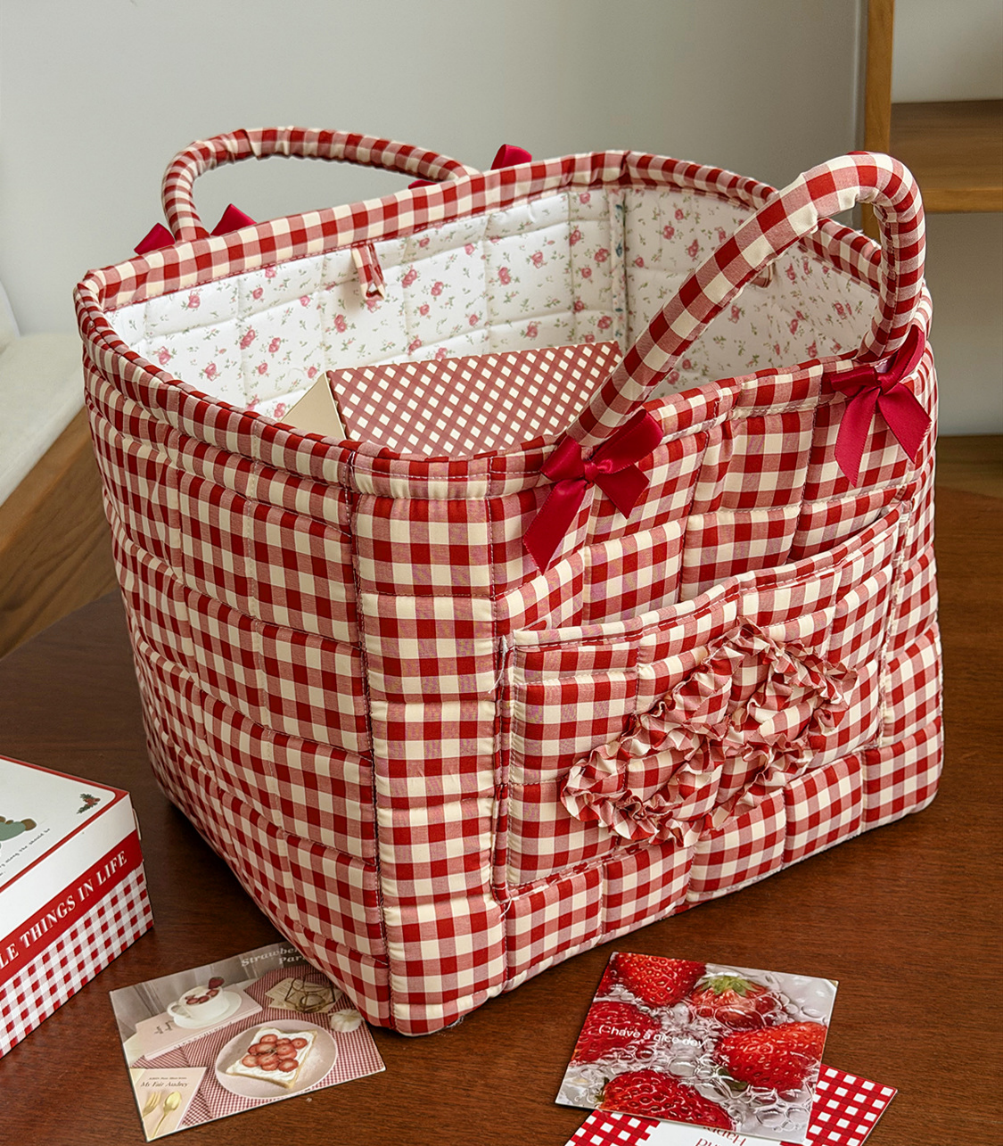 Gingham Quilted Basket Tote With Bows - Red - 2