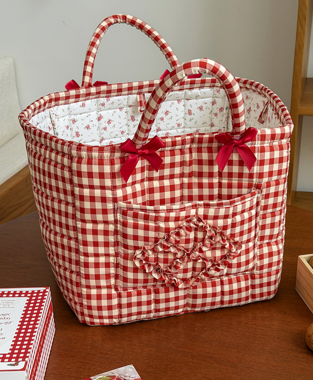 Gingham Quilted Basket Tote With Bows - Red - 3