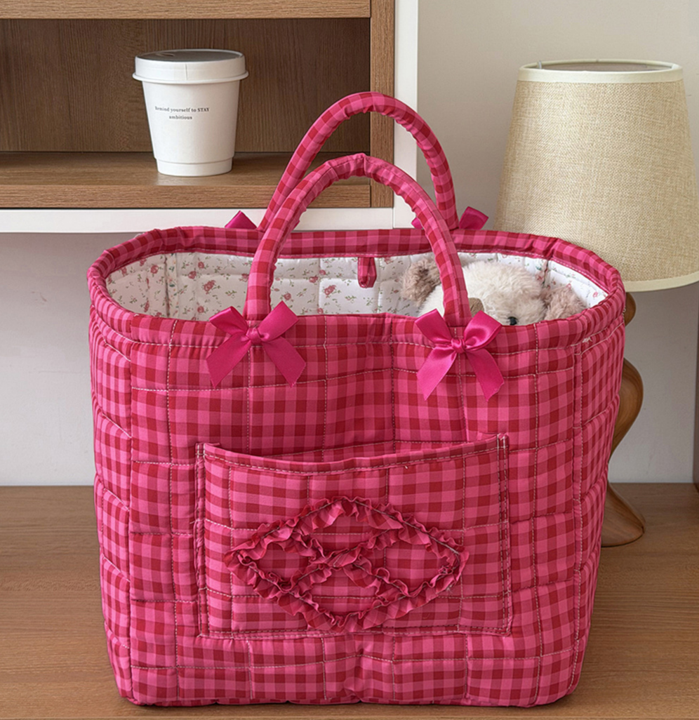 Gingham Quilted Basket Tote With Bows - Rose_Red - 1