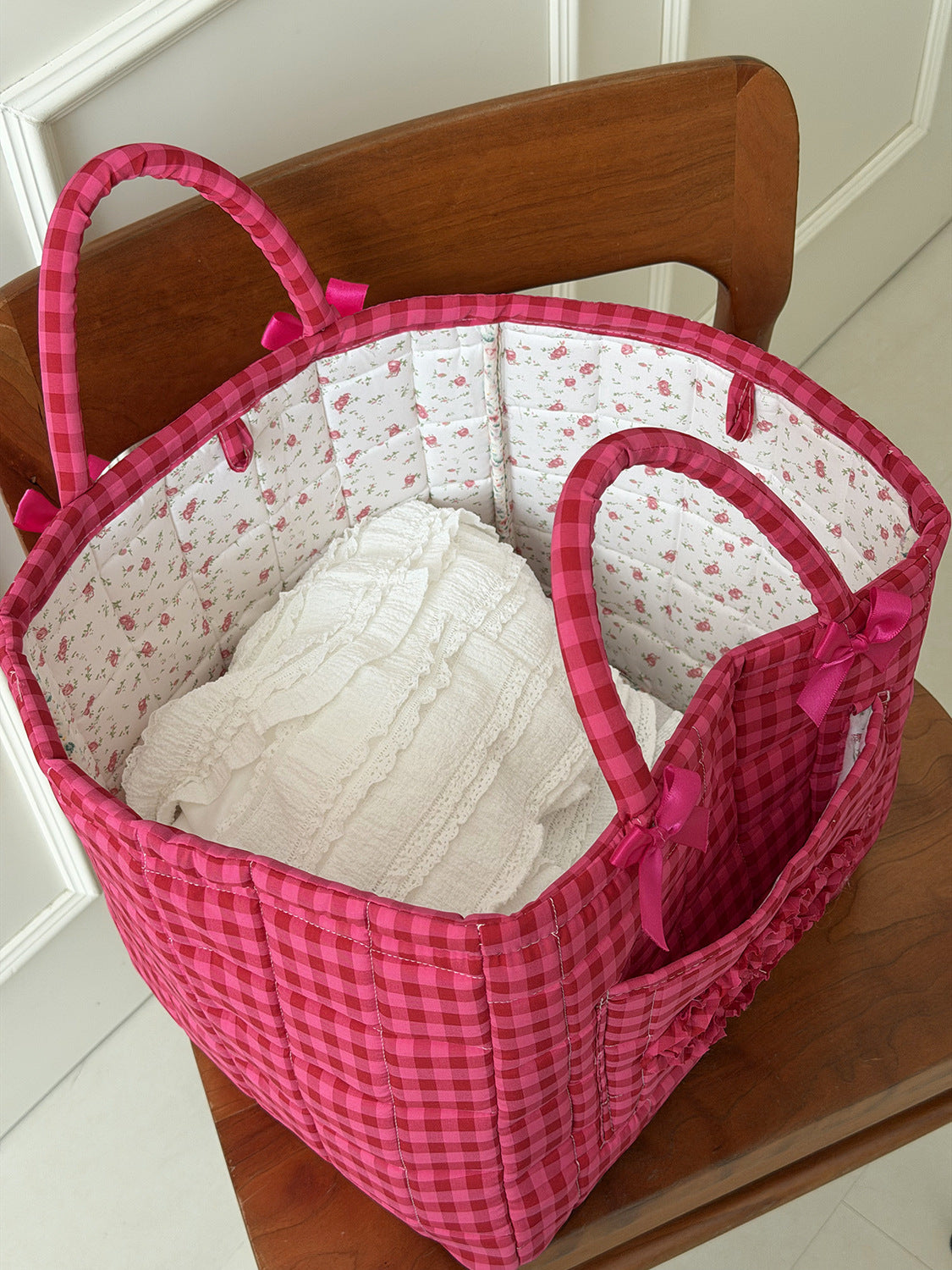 Gingham Quilted Basket Tote With Bows - Rose_Red - 2