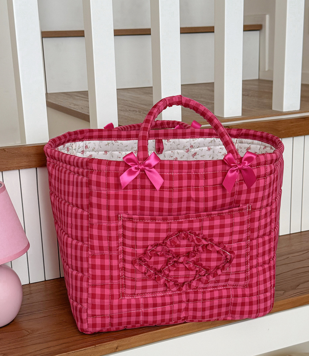 Gingham Quilted Basket Tote With Bows - Rose_Red - 3