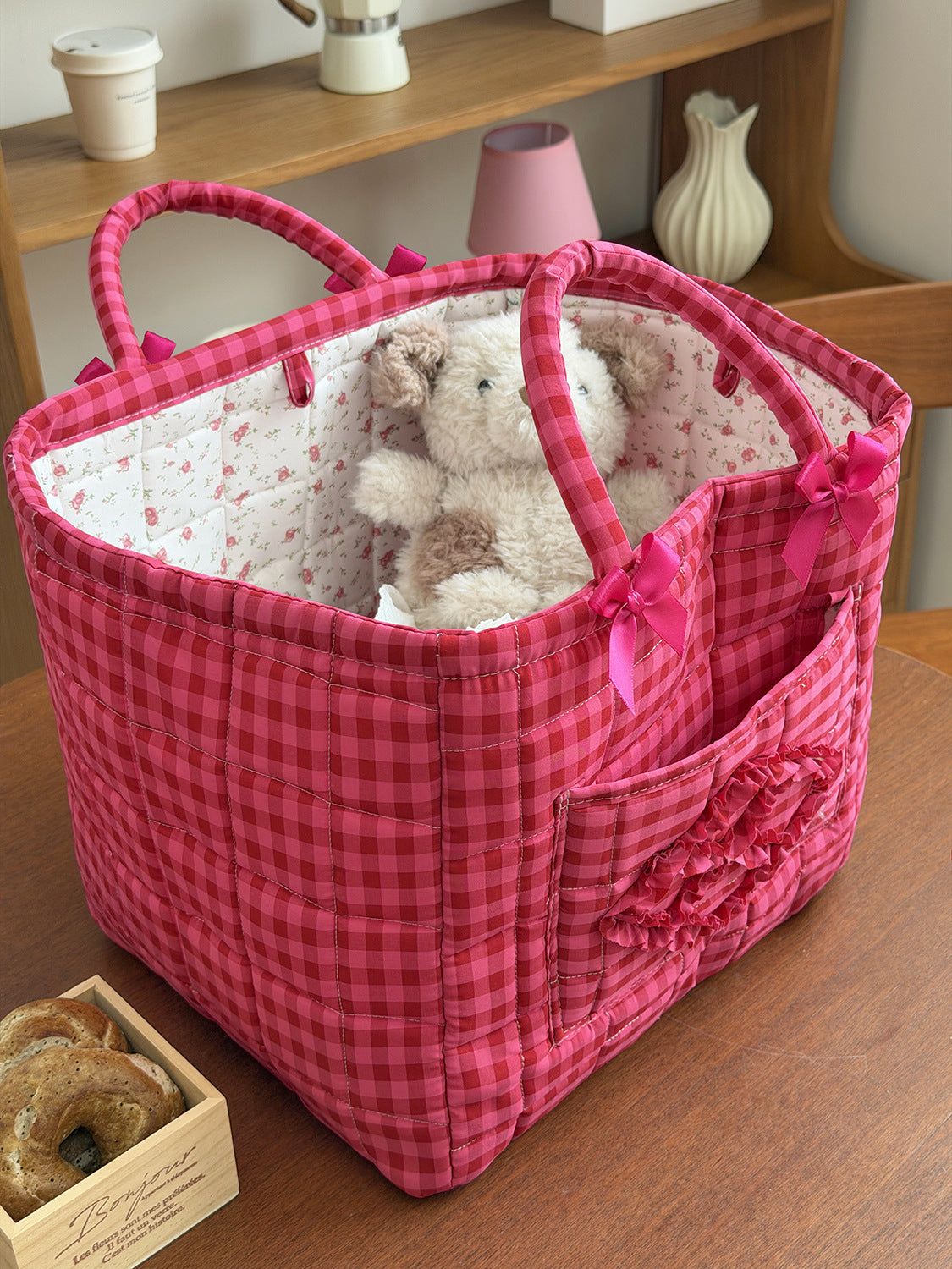 Gingham Quilted Basket Tote With Bows - Rose_Red - 4