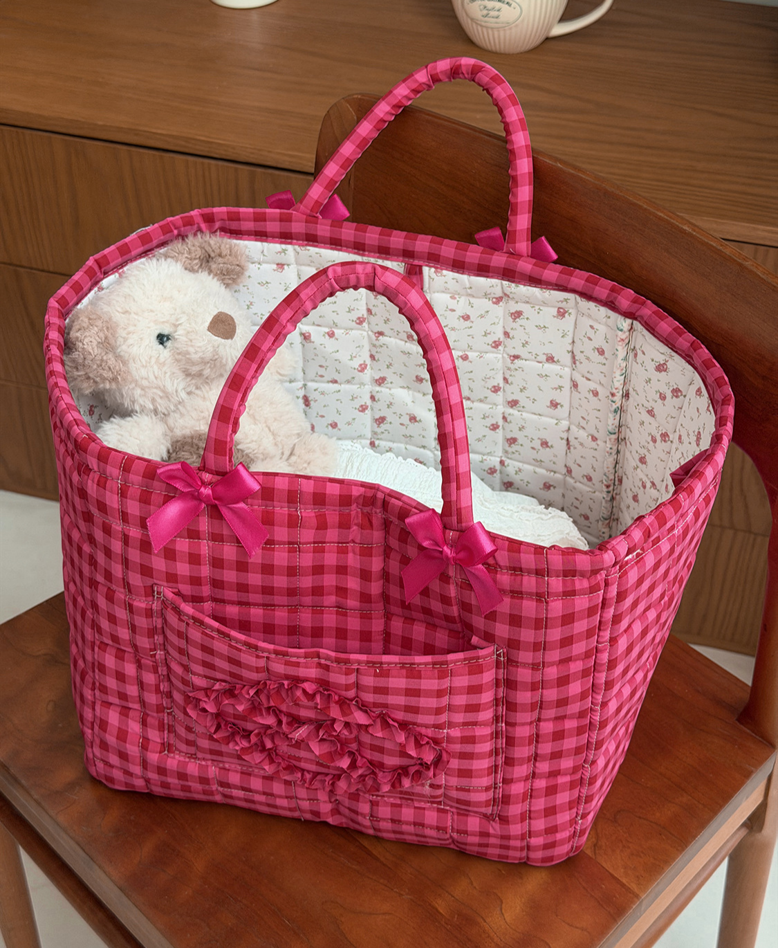 Gingham Quilted Basket Tote With Bows - Rose_Red - 5
