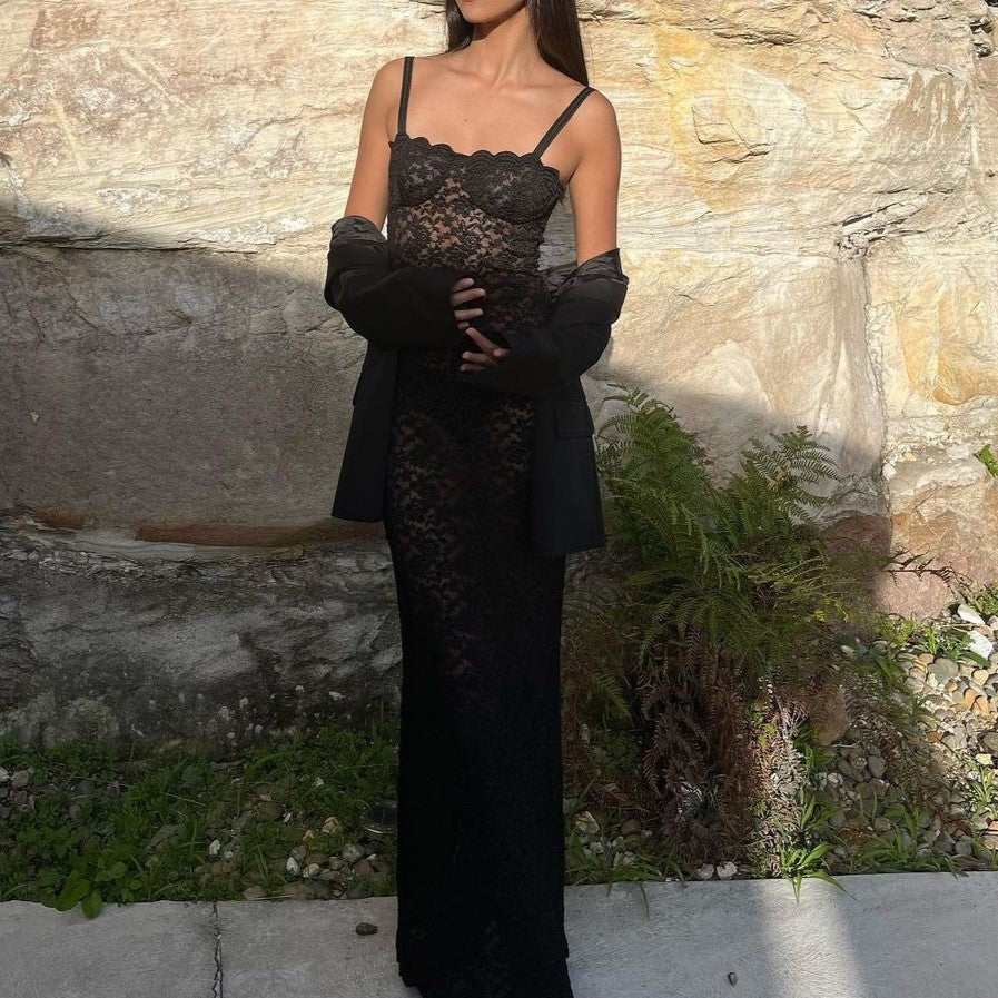 Corset Lace Sheer Maxi Party Dress - Black - 1