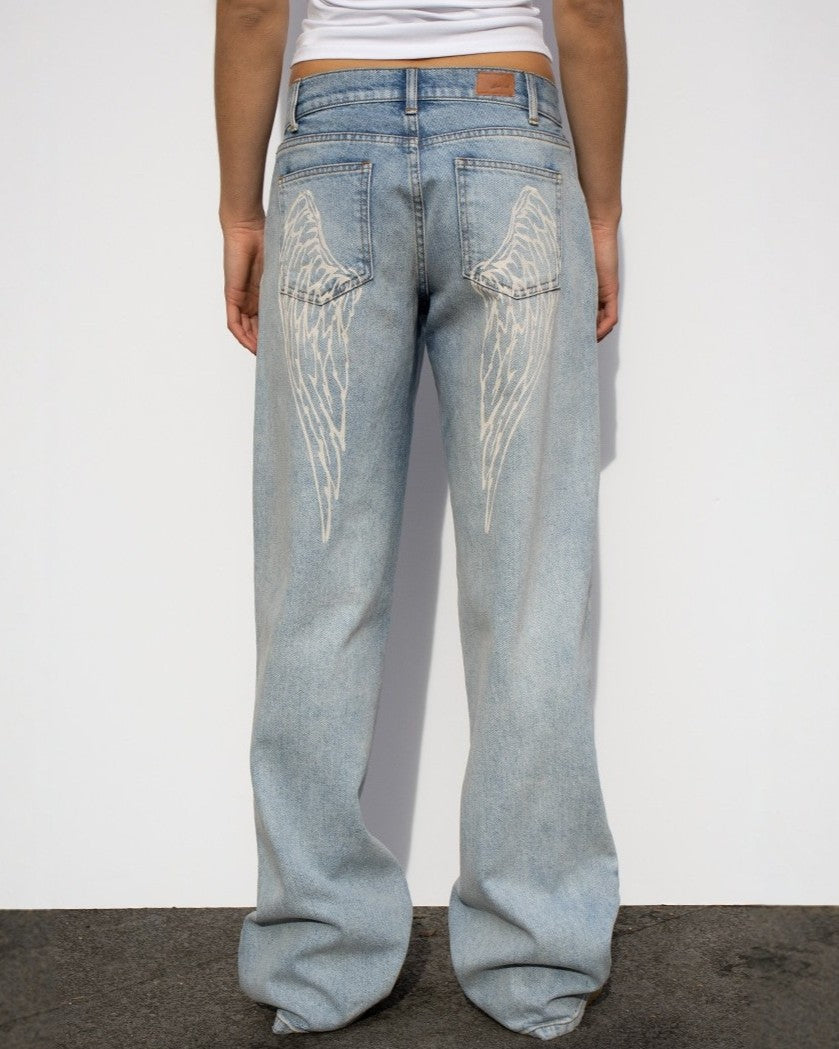 Light Wash Baggy Jeans With Angel Wing Back Pockets - Blue - 1