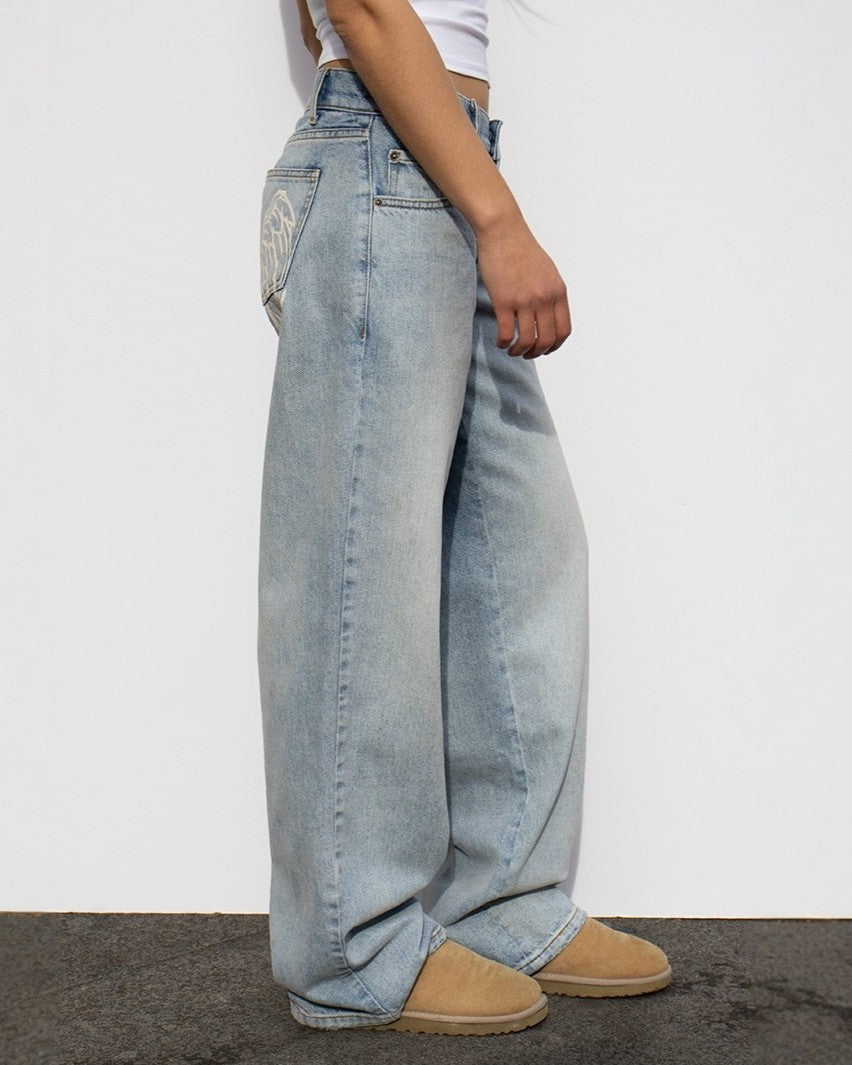 Light Wash Baggy Jeans With Angel Wing Back Pockets - Blue - 2