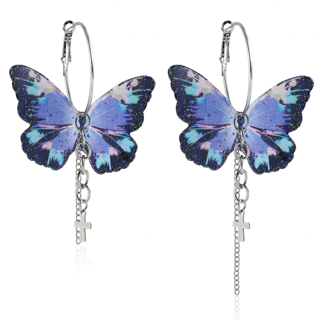 Printed Butterfly Long Chain Drop Earrings - Color_02