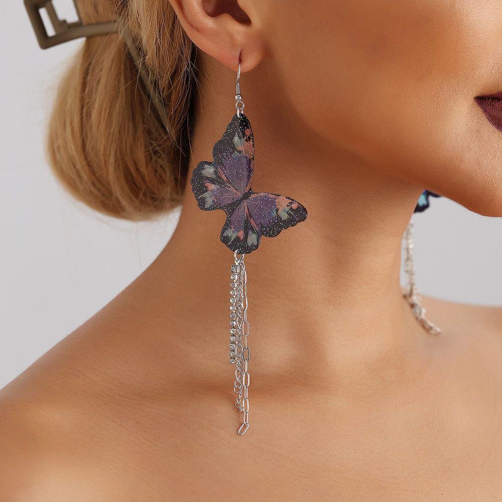 Printed Butterfly Long Chain Drop Earrings