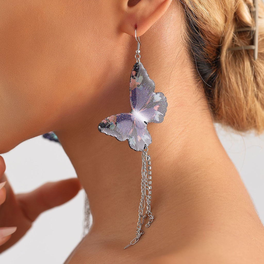 Printed Butterfly Long Chain Drop Earrings - view 1