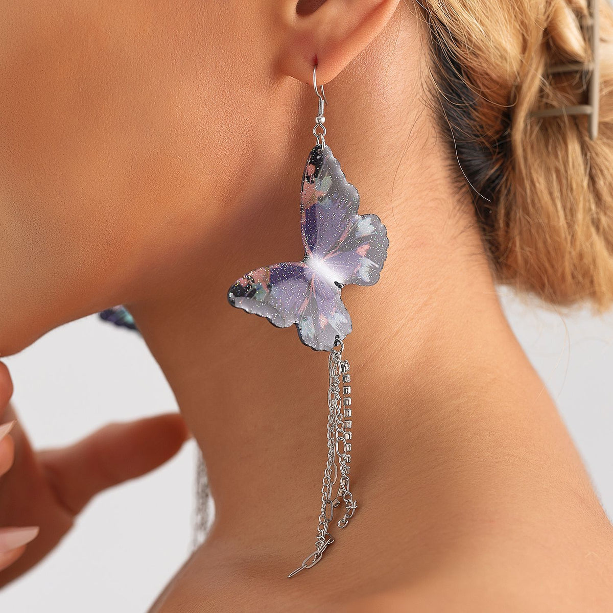 Printed Butterfly Long Chain Drop Earrings - view 1