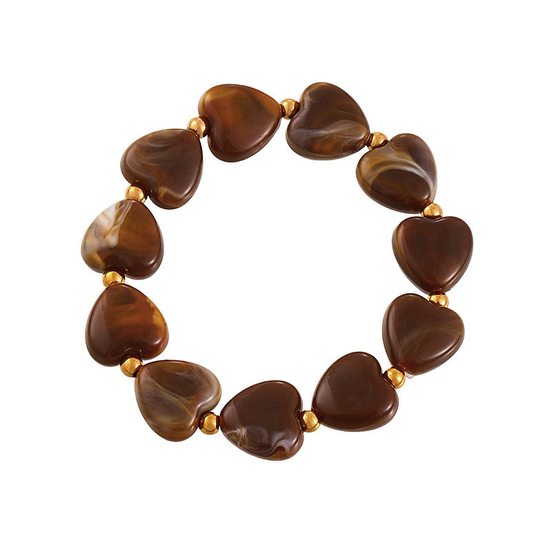 Chunky Heart Bead Stretch Bracelet - Brown