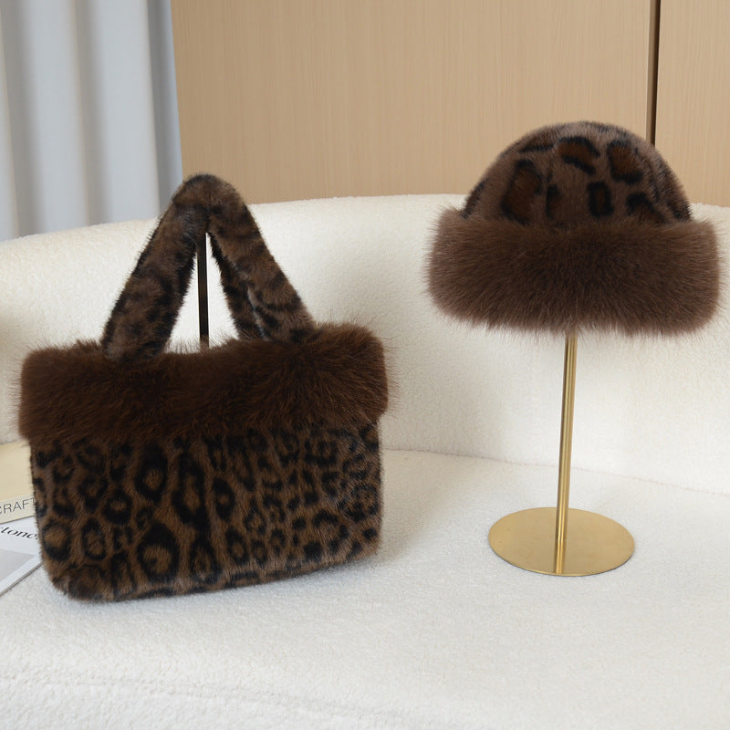 Fluffy Leopard Tote Bag and Fur Trim Hat Set - Coffee