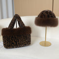 Fluffy Leopard Tote Bag and Fur Trim Hat Set - Coffee